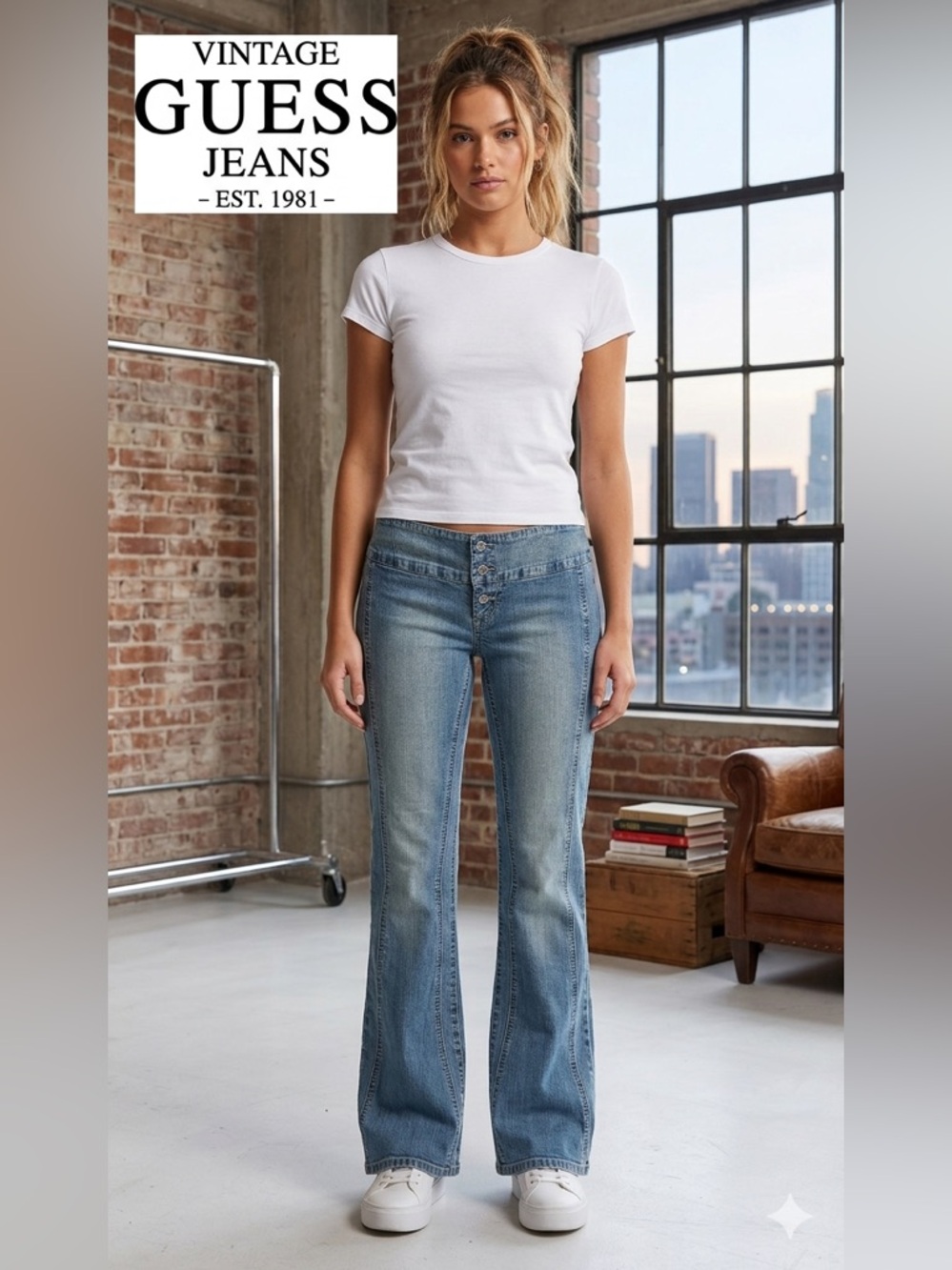 Vintage Guess Light Blue Button-Fly Flare Jeans